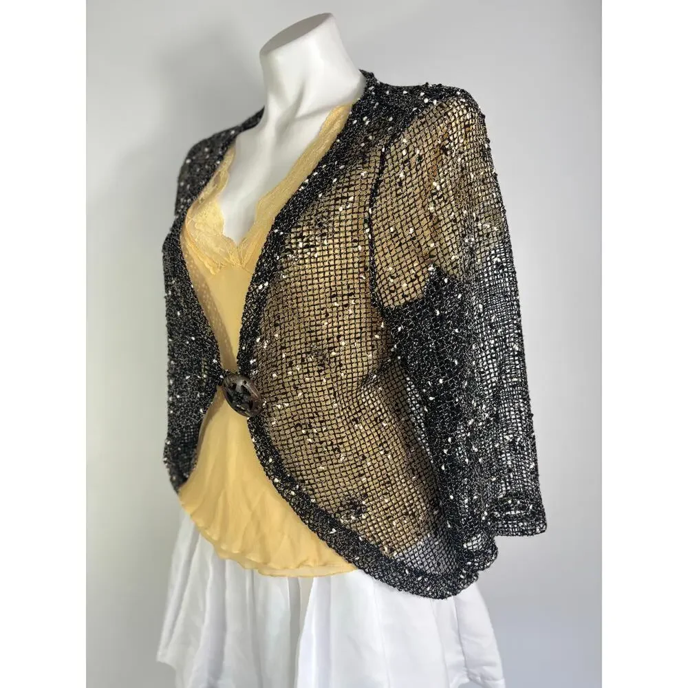 Sheer Open Knit Speckled Cardigan M Wood Button Layering Coastal Boho Resortwear